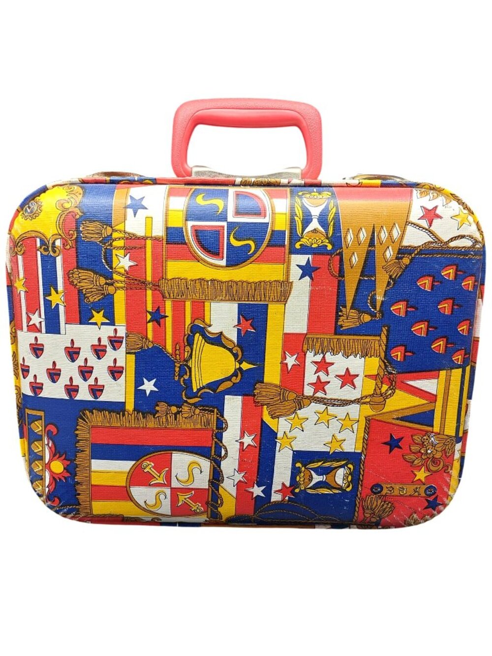 Vintage Nautical Flag Print Vinyl Suitcase Retro Red Handle Travel Decor Luggage